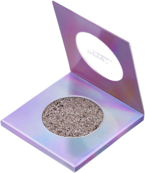 En rund, glitterögonskugga i ett holografiskt lila täcke med spegel inuti locket.