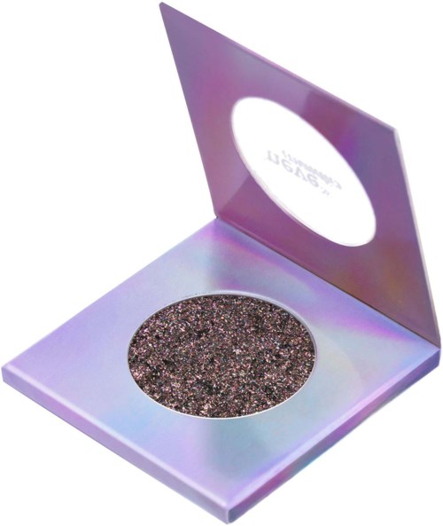 Bild: En makeuppalett med glitterögonskuggor i mörka färger. Den har ett glansigt, holografiskt lock.