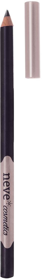 En sort eyeliner blyant med hvid tekst og en grå hætte. Hætten er fjernet og placeret ved siden af.