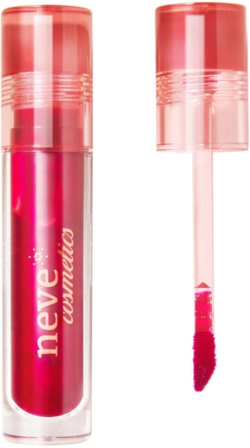 Lip gloss in a clear tube with pink color and a pink cap. The wand is beside the tube.