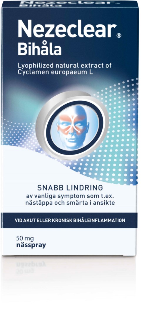 Boks til Nezclear Bihåle næsespray med tekst om hurtig lindring af bihulesymptomer.