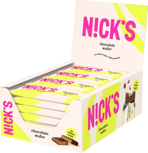 Display of multiple chocolate wafer snacks in a bright yellow and white box, branded as NICK'S.