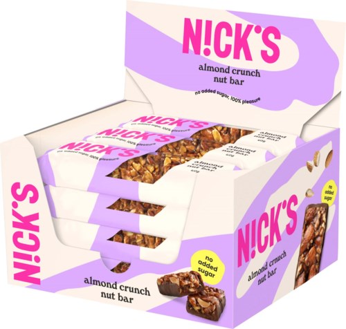 Boxen visar mandelknäcknötbars med lila och vit förpackning, som visar bars inuti och några bitar utanför.