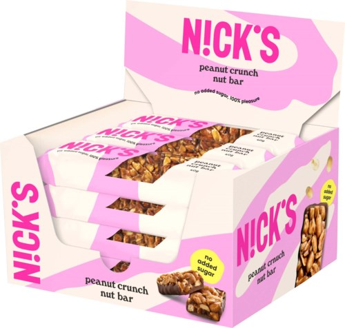 Rosafärgade och vita snacksboxar med jordnötssmulor och nötter.