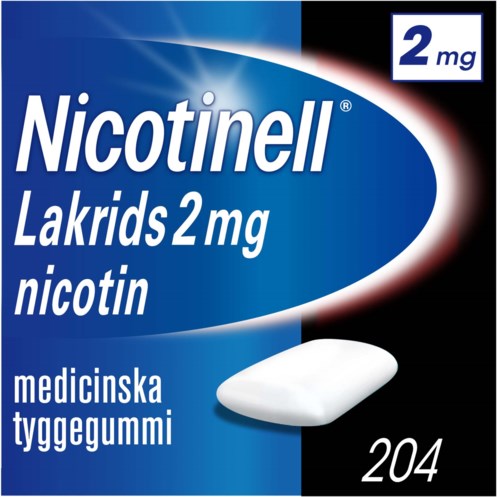 Blå och vit förpackning för nikotintuggummi, med en vit bit tuggummi och text om nikotininnehåll.