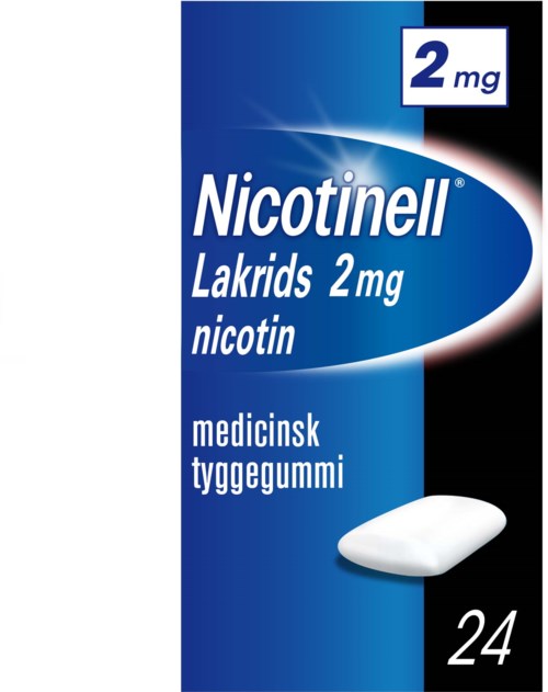 En box med nikotinläkemedel, märkt 'Nicotinell' med 24 pastiller, vardera 2 mg nikotin, i blå och svarta färger.