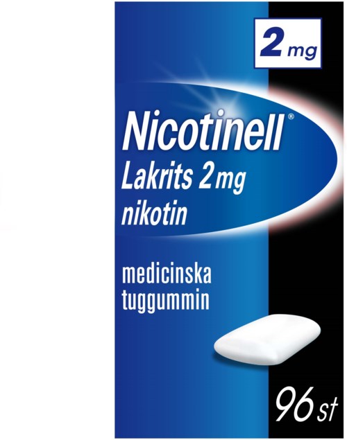 Blåkapsling med text om nikotintuggummin, 2 mg, 96 stycken, och svenska.