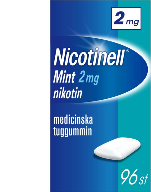 Förpackning av nikotintuggummi, märkt 'Nicotinell', med mintsmak, innehållande 96 bitar på 2 mg vardera.