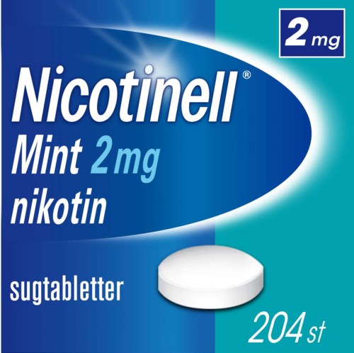 A blue and white box labeled Nicolin Mint with 2 mg of nicotine, containing 204 lozenges.