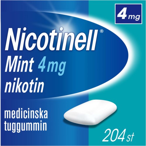 Låda med Nicotinell minttuggummin, innehåller 204 stycken, varje med 4 mg nikotin för rökavvänjning.