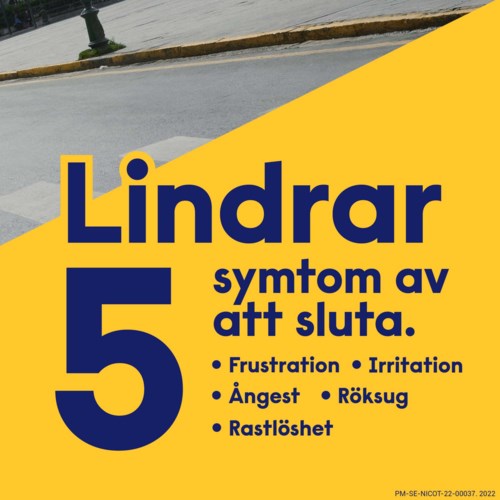 En gul och blå affisch som listar fem symptom av Lindrar: frustration, irritation, ångest, hosta, rastlöshet.