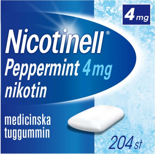 A pack of Nicotinell peppermint gum, 4 mg nicotine, contains 204 pieces. The packaging is blue and white with text.