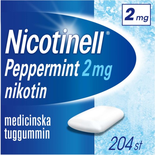 En förpackning med Nicotinell Pepparmint tuggummi med 204 bitar, 2 mg nikotin per bit, i blå och vit förpackning.