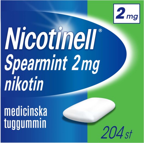 Box of Nicotinell Spearmint chewing gum, 2 mg, for nicotine replacement, contains 204 pieces.