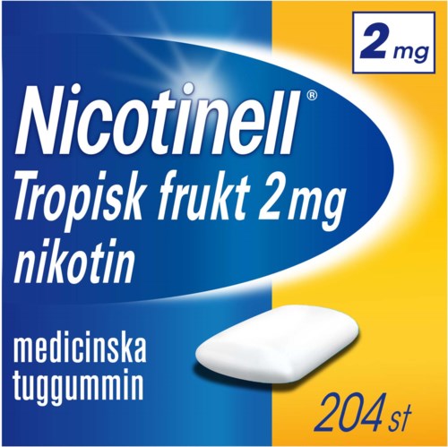 A box of nicotine gum labeled Nicotinell, with tropical fruit flavor, 2 mg nicotine, and 204 pieces inside.