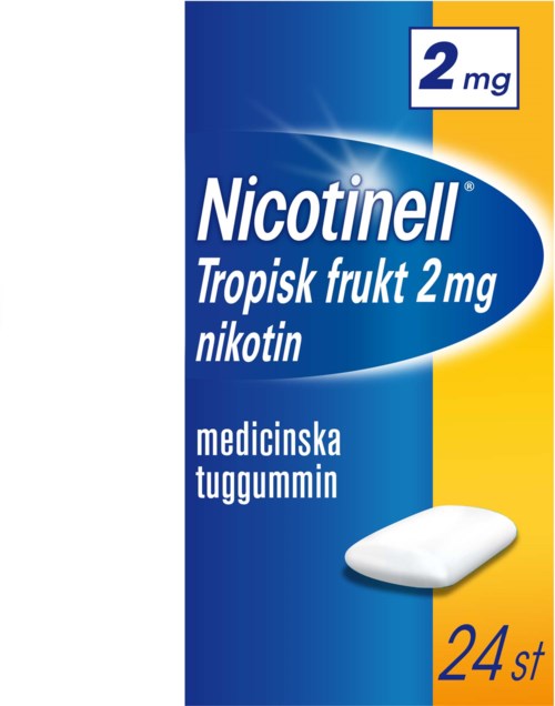 Box of nicotine gum with tropical fruit flavor, 24 pieces, 2 mg nicotine content.