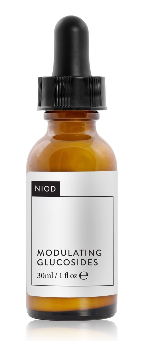 Brun glassflaske med pipettekork, merket 'Modulating Glucosides' og 'NIOD'.