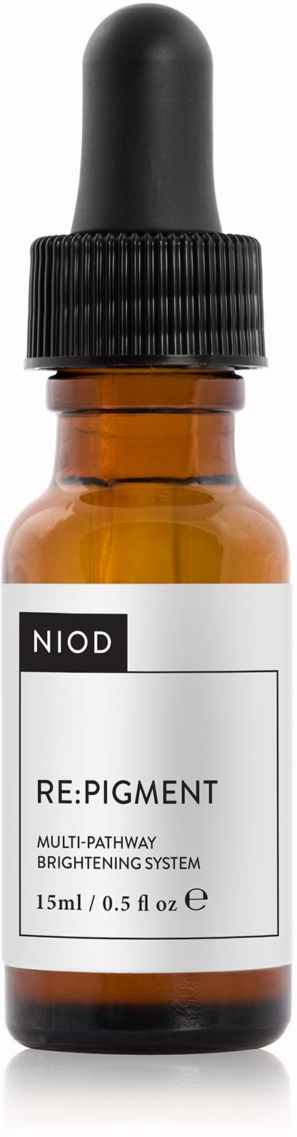 Bernsteinfarbene Flasche mit schwarzer Pipette, beschriftet 'NIOD RE:PIGMENT' für Hautaufhellung. Enthält 15 ml.