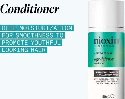 En flaske Nioxin balsam med tekst, der understreger dyb fugt og ungdommeligt hår.