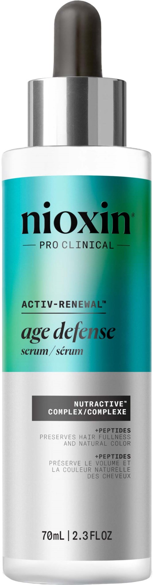En hudvårdsserum i en vit flaska med pump, märkt 'Nioxin Age Defense' för hårskydd.