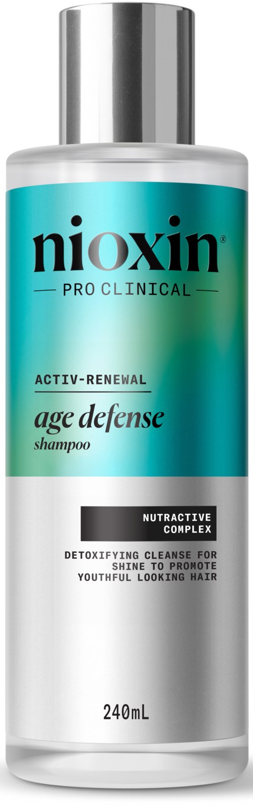 En sølv- og teal-farvet flaske med Nioxin-shampoo mærket til aldersbeskyttelse og hårdetoks.