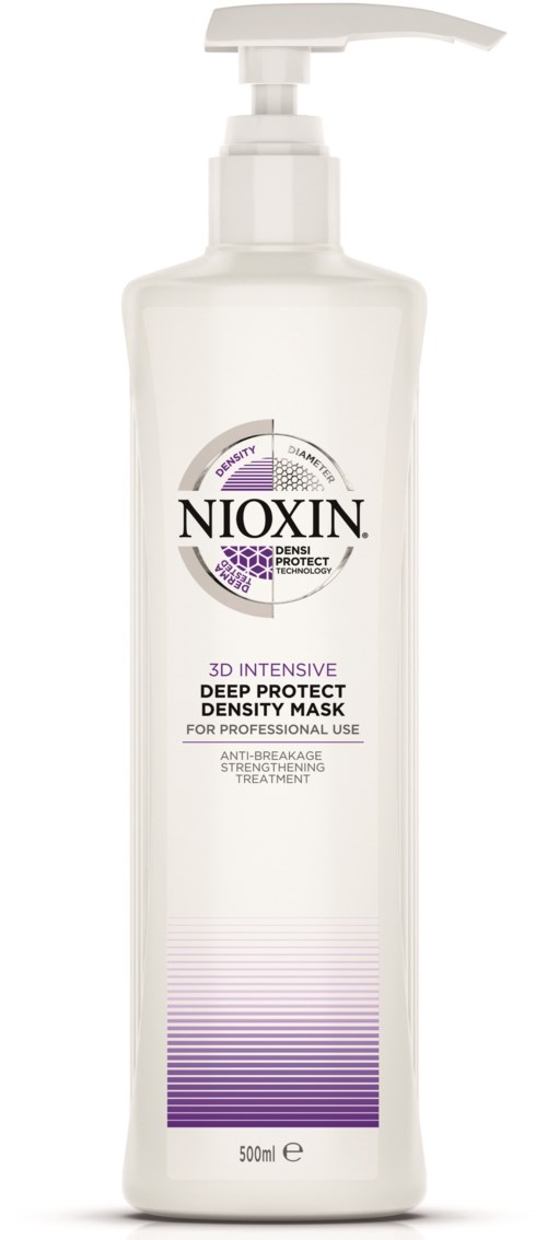 En vit flaska med pump, märkt Nioxin Deep Protect Mask för hår, med lila och svart text.