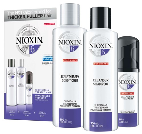 Nioxin hair care products for thicker, fuller hair, including conditioner, shampoo, and scalp treatment, in white bottles with purple and black labels.
