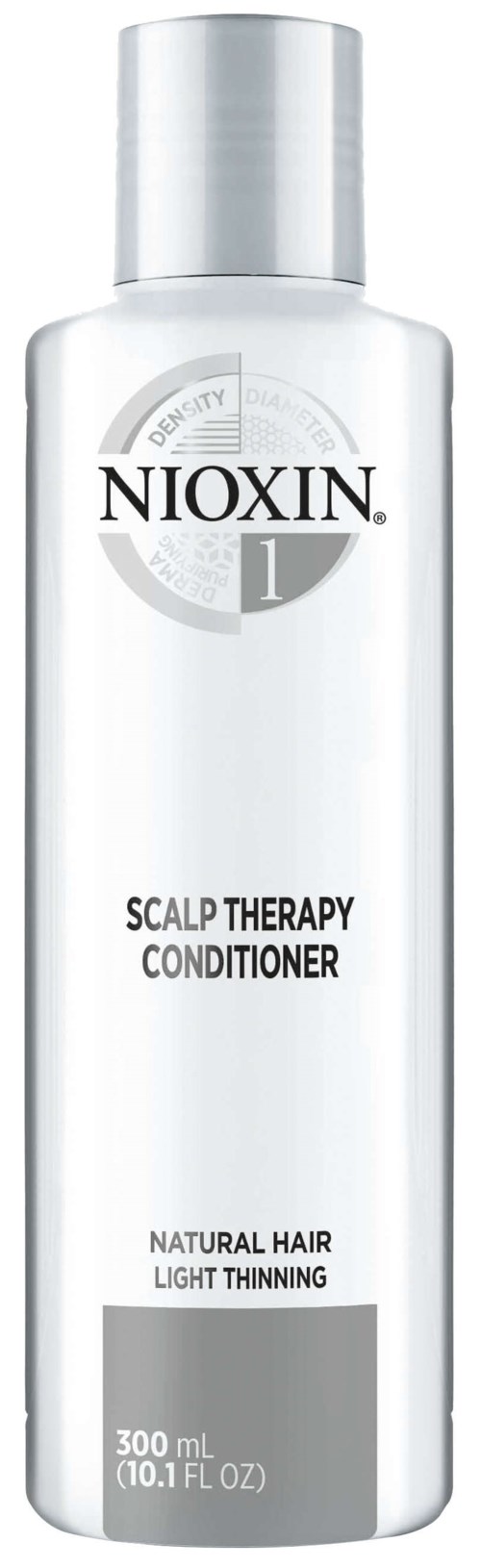 A white bottle labeled Nioxin Scalp Therapy Conditioner, for natural, light thinning hair, 300ml.