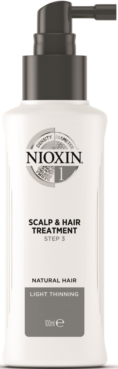 A white bottle with a black pump labeled Nioxin, for scalp and hair treatment, designed for natural, light-thinning hair.