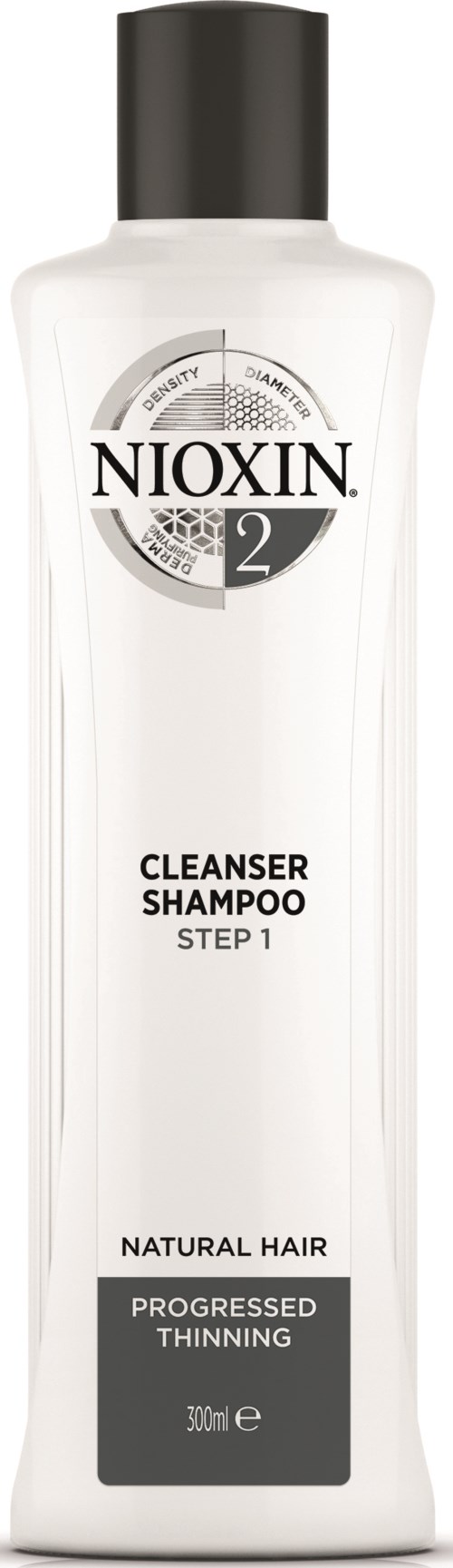 A white bottle of Nioxin Cleanser Shampoo for natural hair, with black cap, labeled for thinning hair, 300ml.