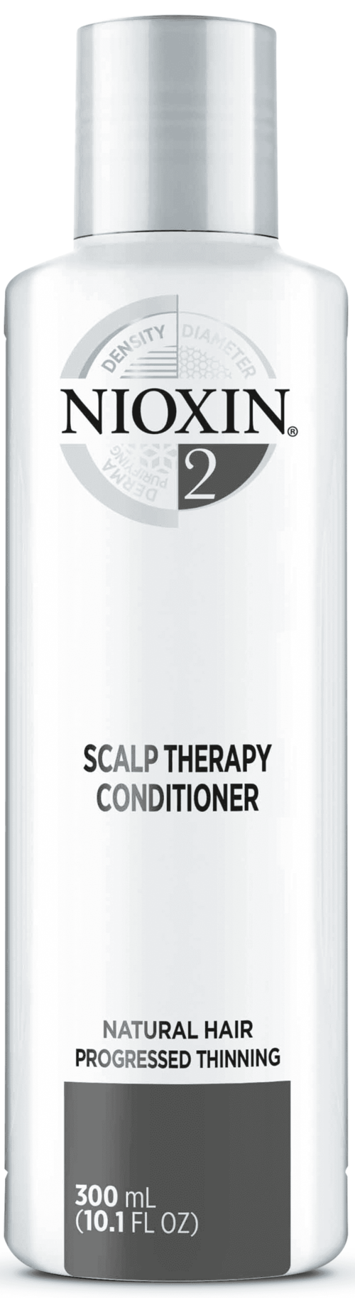 En vit flaska med Nioxin Scalp Therapy Conditioner med silverlock, märkt för naturligt hår och tunnare hår.
