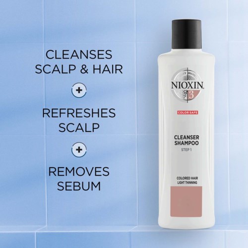 Texten beskriver schampots fördelar: rengör hårbotten och håret, fräschar upp hårbotten, tar bort talg. Produkten är Nioxin Cleanser Shampoo.