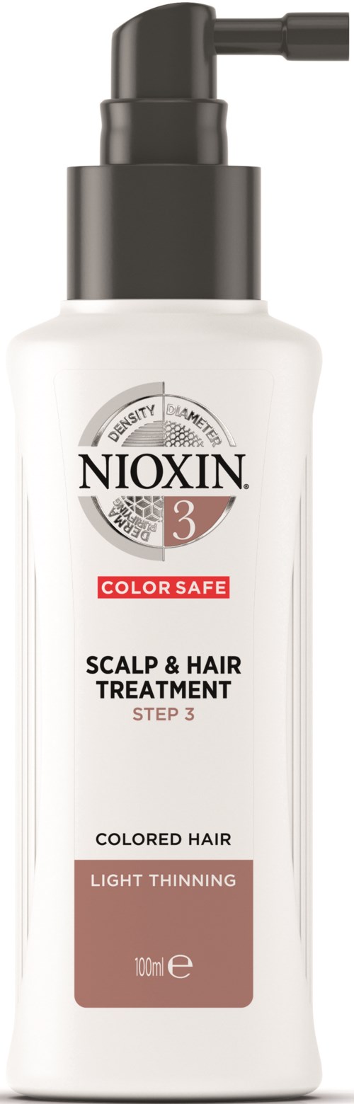 En vit flaska med Nioxin hår- och skalptreatment för färgat hår med pump. 
