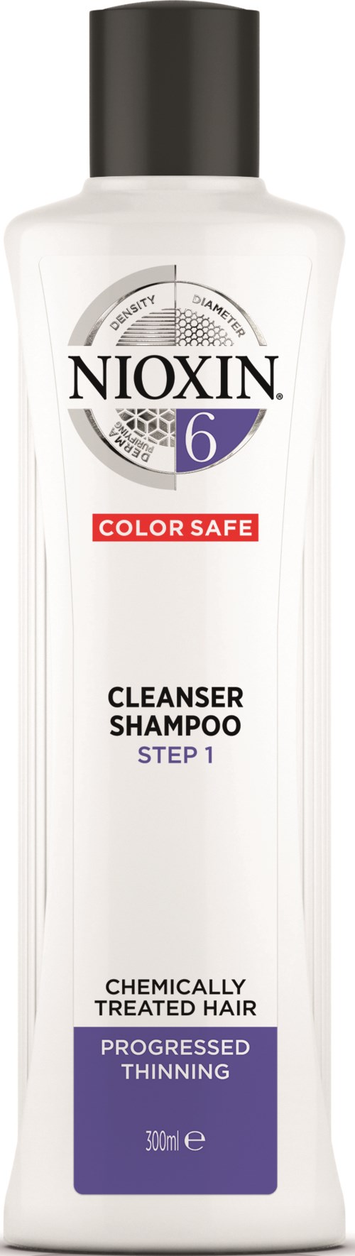 A white bottle with a black cap, labeled Nioxin, contains cleanser shampoo for chemically treated hair. It promotes thinning.