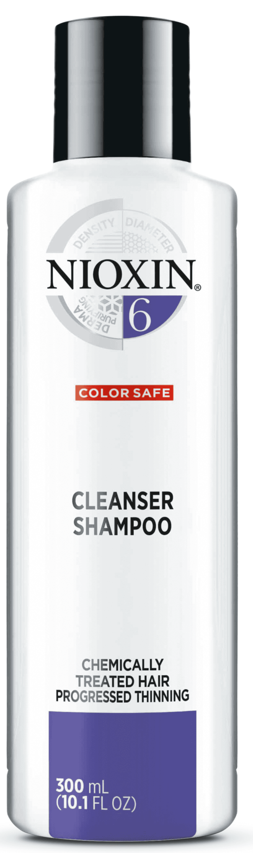 A white bottle with a black cap, labeled Nioxin Cleanser Shampoo, for color-safe, chemically treated, or damaged hair.