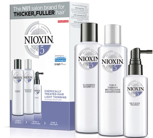Nioxin hårprodukter och förpackning, inklusive schampo, balsam och hårbottenbehandling.