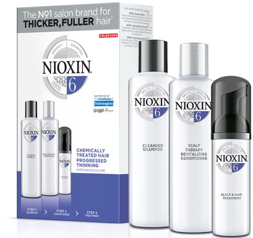 Nioxin 6 behandlingar för tjockare, fylligare hår med schampo, balsam och scalp therapy.