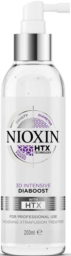 Lähikuva pullo, jossa on pumppumekanismi, nimeltä Nioxin HTX 3D Intensive Diaboost, ammattikäyttöön.