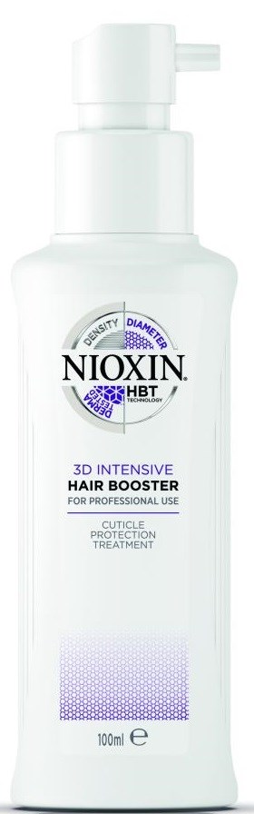 En vit flaska med pump märkt Nioxin 3D Intensive Hair Booster för professionellt bruk, skyddar hårstrån.
