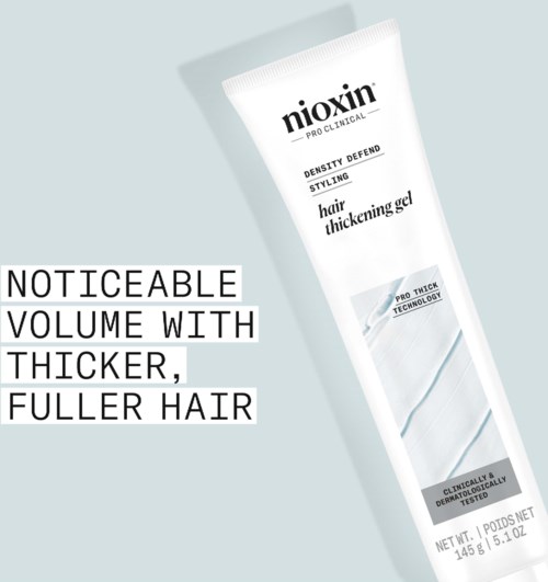 En tube med Nioxin hårtynning gel med tekst som fremhever volum og fyldigere hår.