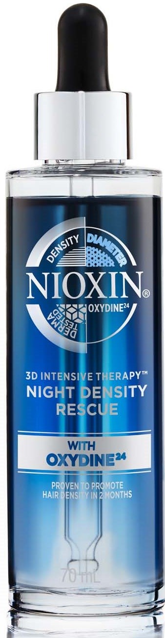 A clear bottle with blue and white label, a black dropper, and text promoting night hair rescue therapy.