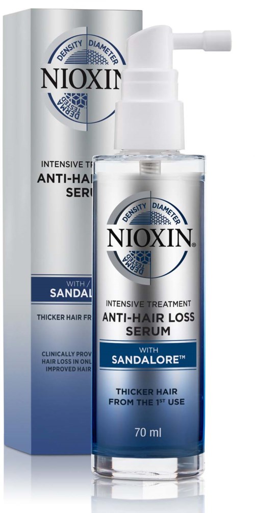 A Nioxin anti-hair loss serum bottle with a box behind it shows sandalore and thickening hair claims.