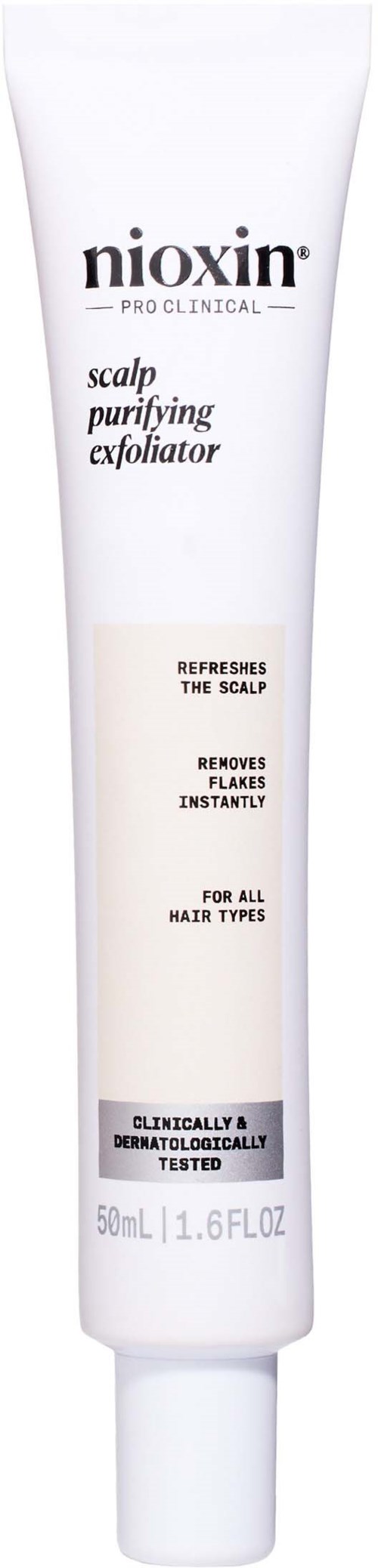 Nioxin hoofdhuid reinigende exfoliator tube met zwarte tekst op een witte achtergrond.