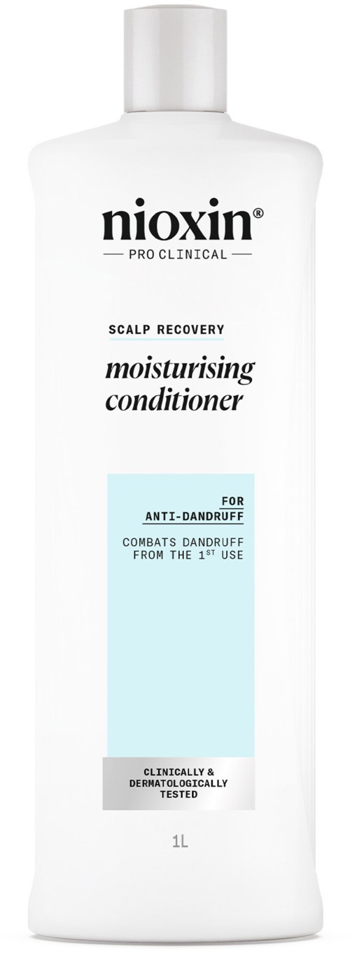 En vit flaska märkt Nioxin scalprecovery återfuktande balsam, för mjäll, 1 litere, kliniskt och dermatologiskt testat.