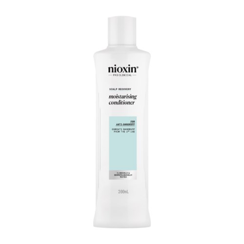 En vit flaska med en etikett som säger att det är ett återfuktande balsam för hårbotten av Nioxin.