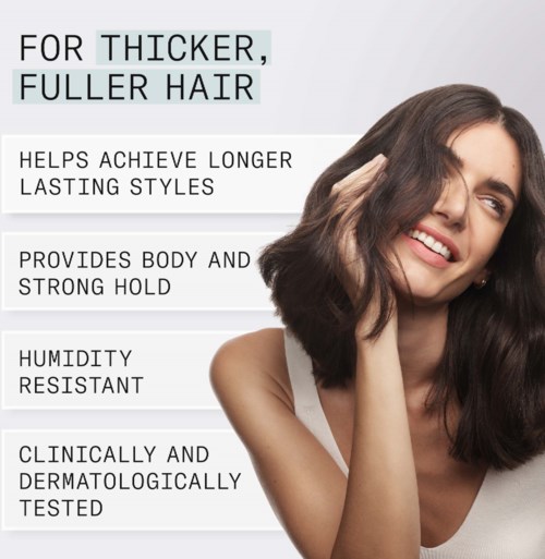 Tekstfortegnelser om fordele ved hårplejeprodukt for tykkere, fyldigere hår med langvarig styling, volumen, holdbarhed, fugtighedsmodstand og testet.