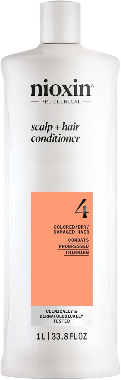 A white bottle of Nioxin scalp and hair conditioner with a simple label, including a pink section with product details.