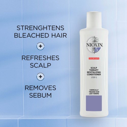 Tekst beskriver fordeler med Nioxin hodebunnsconditioner: styrker, frisker opp, fjerner talg.