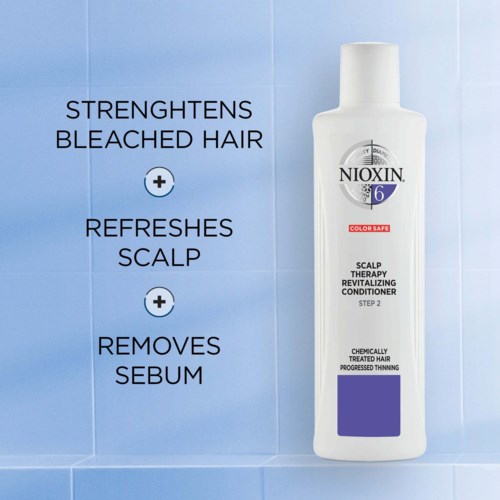 Bilden visar en vit flaska med Nioxin hårbottensbalsam, som lyfter fram fördelar som att stärka håret, fräscha upp hårbotten och ta bort talg.