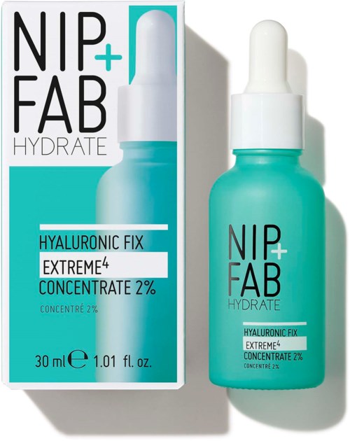 Hautpflegeprodukt mit Tropfer, bezeichnet als Nip+Fab Hydrate mit Hyaluronsäure und 2% Konzentrat, 30 ml Flasche.